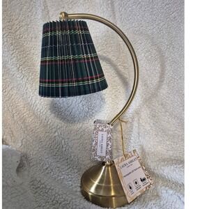 Laura Ashley Rechargeable LED Touch Lamp Gold Green Plaid Tartan Pleated Shade